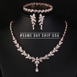 Rose Gold Necklace Set Crystal Rhinestone Bridal Wedding Necklace Jewelry Set